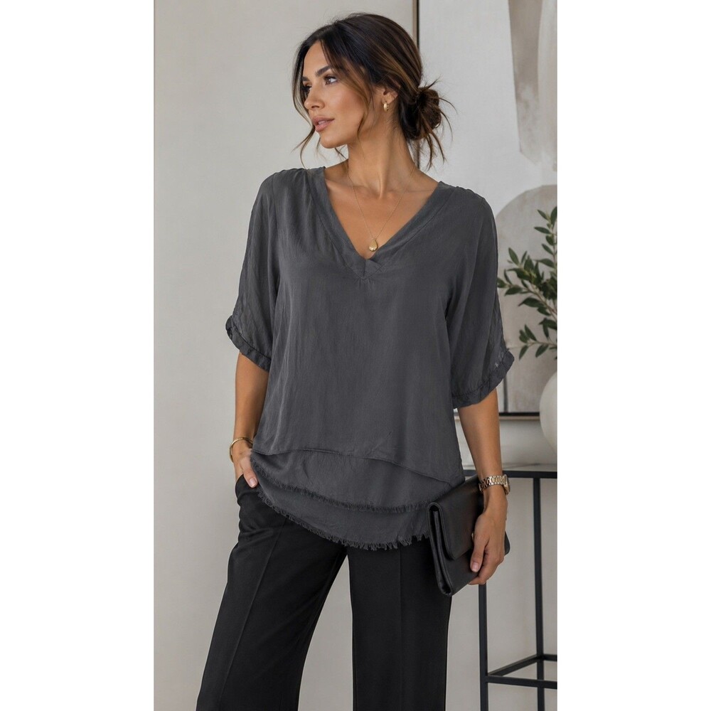 Gigi Moda Diana Top - 100% Italian Silk - One Size Grey Layered Top Lagenlook